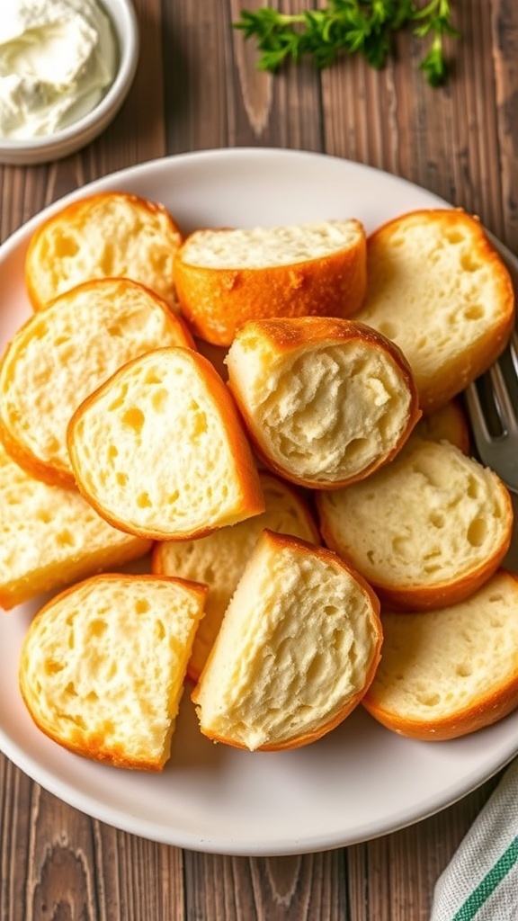 No Carb Cloud Bread Recipe Fluffy cloud bread pieces on a plate, golden edges, with cream cheese spread in the background.